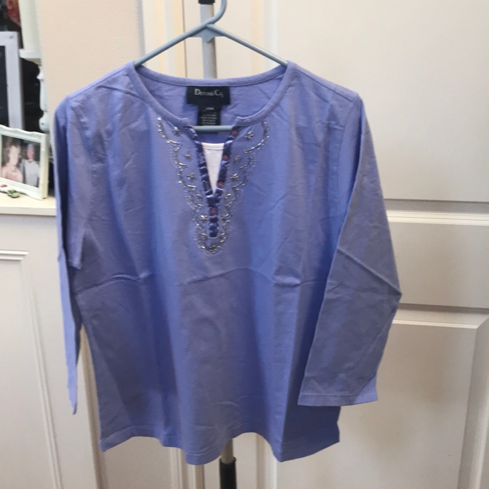 Denim & Co 3/4 sleeve hand embroidered top Sz L (SKU 24)